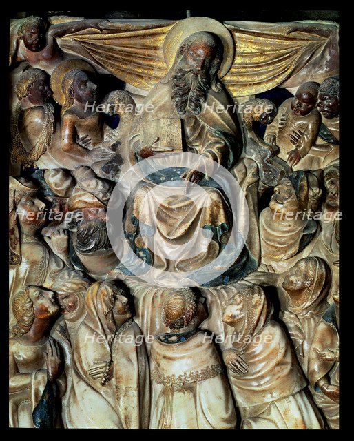 Alabaster altarpiece of the main altar or Santa Tecla altar of the Tarragona Cathedral, detail of…
