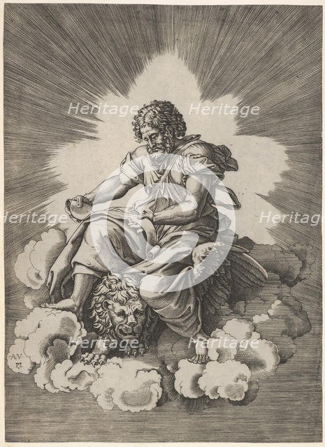 St. Mark, seated with an unfurled scroll in his hands, a winged lion's head and fore..., after 1518. Creator: Unknown.