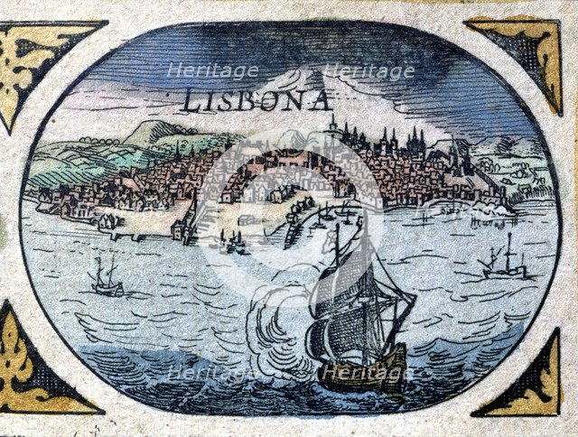 View of Lisbon and the Tagus River, engraving in 'Le Theatre du Monde' or 'Nouvel Atlas' , 1645.