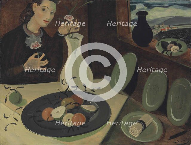 Assiette de fruits et femme disposant des fleurs dans un vase, c1947. Creator: Derain, Andrè (1880-1954).