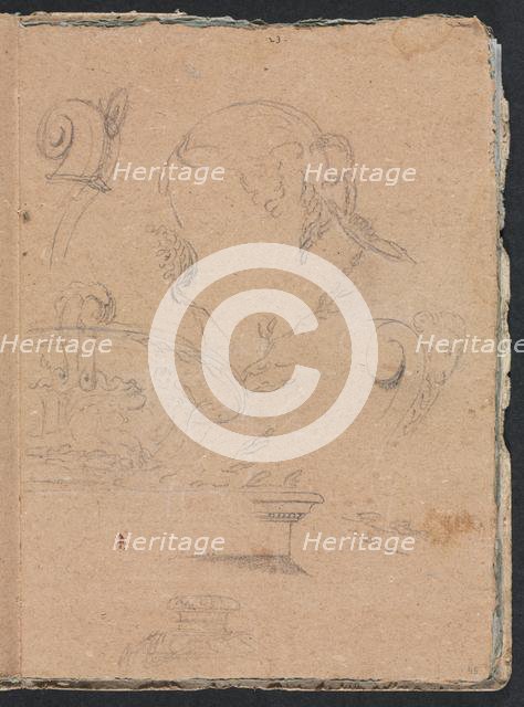 Verona Sketchbook: Architectural motifs with female head (page 45), 1760. Creator: Francesco Lorenzi (Italian, 1723-1787).