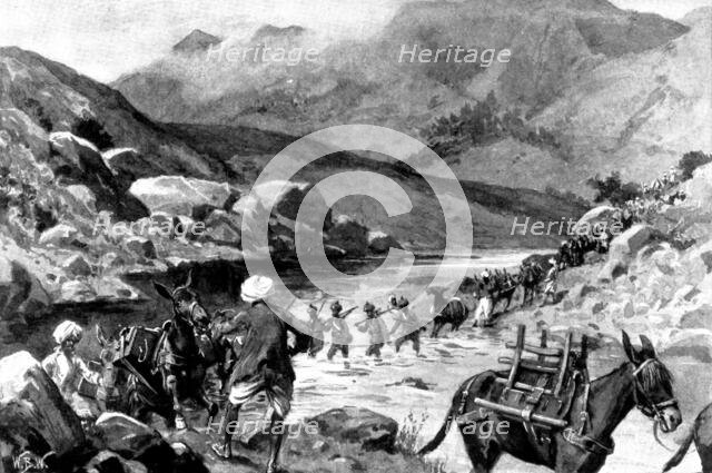 The Indian Frontier Rising:...Bengal Sappers and Miners fording the Mastura River, 1898. Creator: William Barnes Wollen.