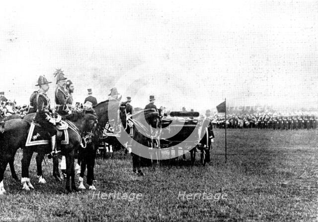 The Shahzada's Visit: Duke of Connaught, Prince of Wales, and Shahzada at the Saluting Point, 1895. Creator: Henry R. Gibbs.