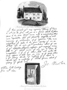 A letter from Isaac Newton, and a view of his birthplace at Woolsthorpe, Lincolnshire, 1682, (1840).Artist: Isaac Newton