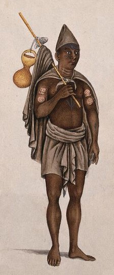 A man in a loincloth is carrying a stick with a cloth and pot. Creator: Unknown.