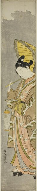 Young man holding umbrella and lantern, c. 1769. Creator: Torii Kiyomitsu.