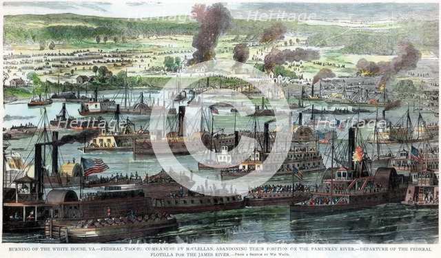 Burning of the White House, Virginia, American Civil War, 26 June 1862. Artist: Unknown