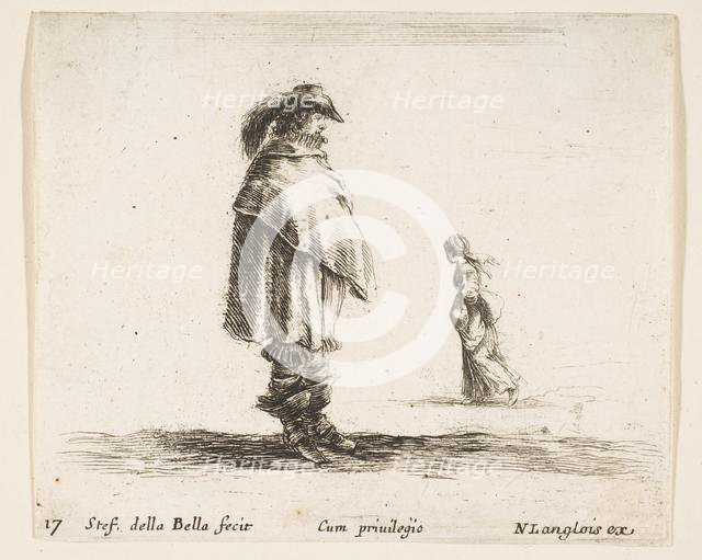 Plate 17: a man wearing a plumed hat in center facing right, a woman walking toward..., ca. 1644-47. Creator: Stefano della Bella.