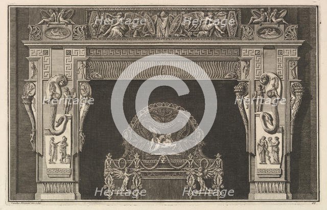 Chimneypiece: Frieze of trophies and winged Victories on the lintel, with cornucopias ..., ca. 1769. Creator: Giovanni Battista Piranesi.