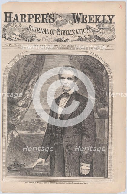 Hon. Abraham Lincoln, born in Kentucky, February 12, 1809 (Harper's Weekly, V..., November 10, 1860. Creator: Unknown.