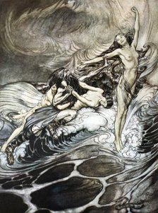 'The Rhine Maidens obtain possession of the ring and bear it off in triumph', 1924.  Artist: Arthur Rackham