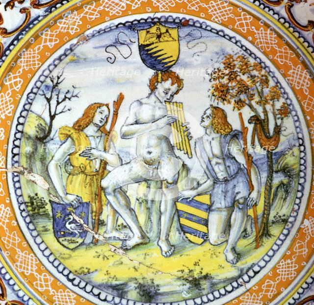 Italian earthenware plate showing Pan piping to two shepherds. Artist: Maestro Benedetto