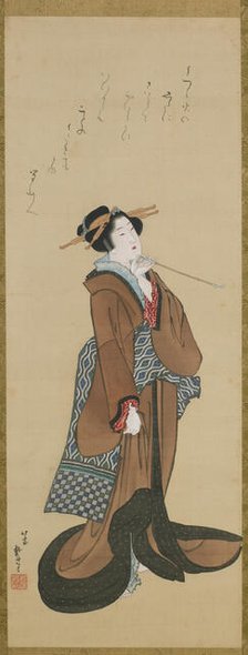 Woman Holding a Tobacco Pipe, ca. 1814-1815. Creator: Hokusai.