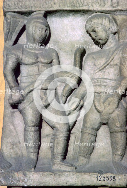 Roman relief of gladiators, 3rd century. Artist: Unknown