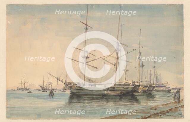Sailing ships in a harbour, 1829-1879. Creator: Ary Pleijsier.
