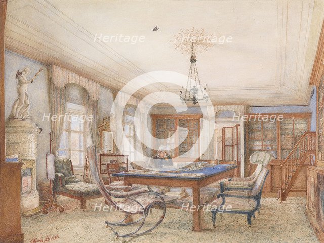 Biedermeier interior with a man sitting at a table, 1846.
