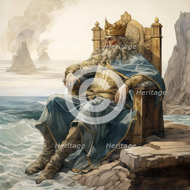 AI Image - An illustration of King Canute commanding the...tide to halt, early 11th century, (2023). Creator: Heritage Images.