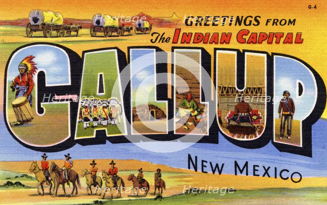 'Greetings from the Indian Capital, Gallup, New Mexico', postcard, 1937. Artist: Unknown