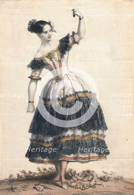 Fanny Elssler as Florinda in the dance La Cachucha (ballet Le Diable boiteux), 1836. Artist: Devéria, Achille (1800-1857)