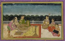 A Lady and attendant on a terrace at evening, with three women musicians, 18th century. Creator: Unknown.