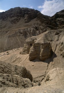 View of the mountains of Qumran in the Judean desert valley, the caves where ancient Hebrew texts…