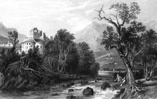 A castle by a river, 19th century.Artist: S Lacy