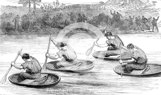 A coracle-race on the Severn, at Ironbridge, Shropshire, 1881. Creator: Unknown.