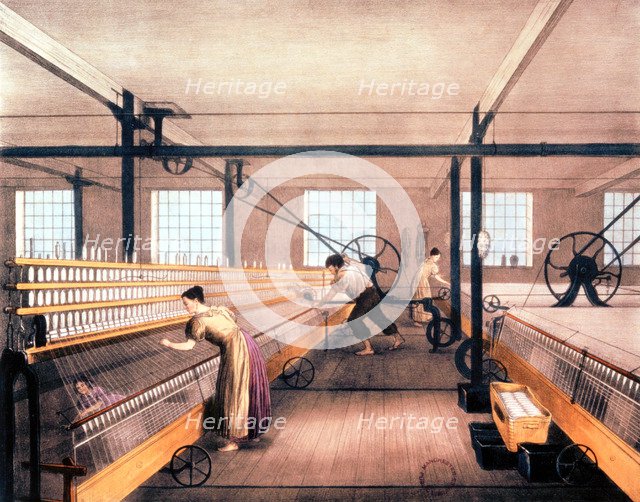 Spinning cotton with self-acting mules of the type devised by Richard Roberts in 1825 (c1835). Artist: Unknown