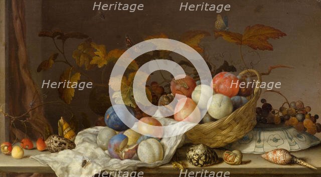 Still life with fruit in a wicker basket, blue and white porcelain plate, vine leaves, various.... Creator: Ast, Balthasar, van der (1593/4-1657).