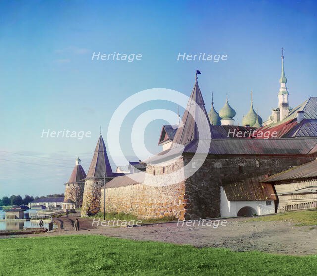 View of the Solovetsky Monastery from land, Solovetski Islands, 1915. Creator: Sergey Mikhaylovich Prokudin-Gorsky.