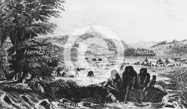 Fuegians at Woollya, with the Fitzroy expedition's camp in the background, 1831 (1839). Artist: Unknown