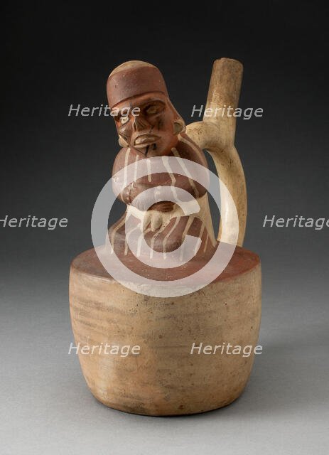 Spout Vessel with Skeletal, Tatooed Figure Attached to Handle, 100 B.C./A.D. 500. Creator: Unknown.