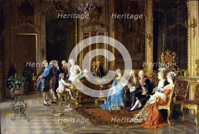 Mozart plays the harpsichord for King George III, ca 1891. Creator: Mantegazza, Giacomo (1853-1920).