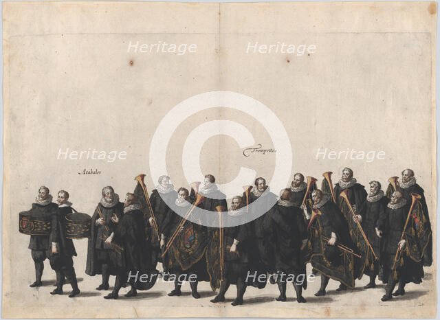 Plate 28: Drummers and trumpet players marching in the funeral procession of Archduke Albe..., 1623. Creator: Cornelis Galle I.