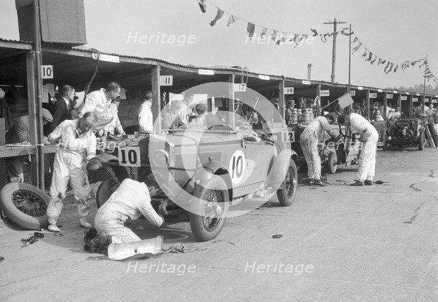 Two Talbot 105s in the pits at the JCC Double Twelve race, Brooklands, 8/9 May 1931. Artist: Bill Brunell.