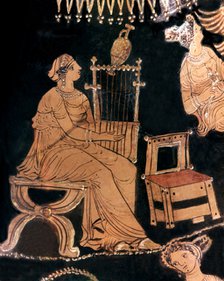 Women dressed in the Ionic costume Ionic playing the lyre, detail of a vase of Pelike.