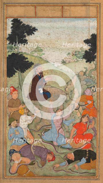 Moses praying to end the serpents’ attack on the Israelites, from a Mir’at al-quds..., 1602-1604. Creator: Unknown.