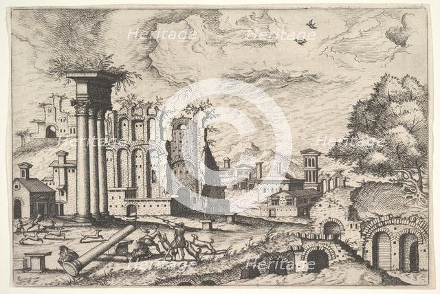 View of the Roman Forum, looking toward the Palatine Hill, from the series 'The Small book..., 1562. Creators: Johannes van Doetecum I, Lucas van Doetecum.