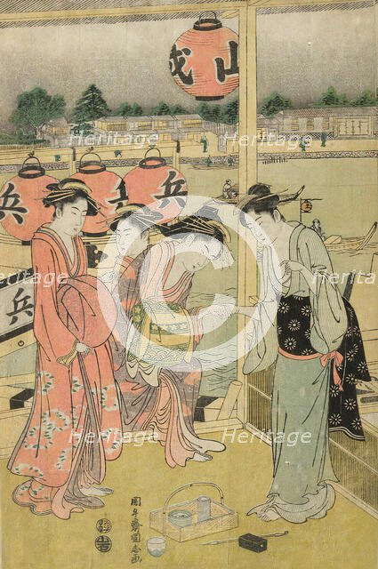 A Banquet in a Pleasure House on the Bank of the Okawa (Okawa bata giro jo no yusen), c. 1792. Creator: Angyusai Enshi.