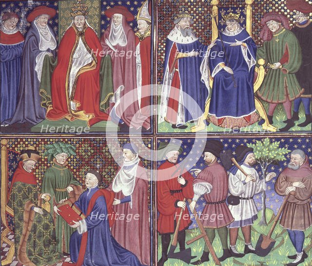 Pope enthroned, King of France enthroned, the Duc de Berry, a group of labourers, c1450. Creator: Unknown.
