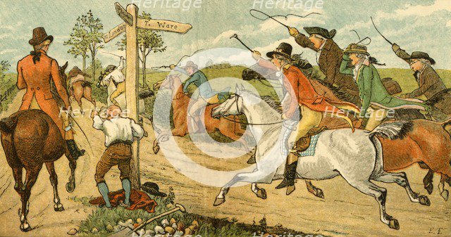 John Gilpin on his bolting horse being chased by passers-by, 1878, (c1918).  Creator: Randolph Caldecott.