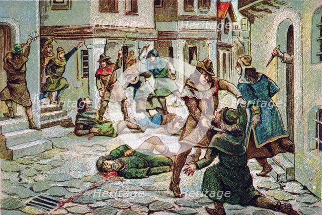 Massacre of Jews in Barcelona (1391), drawing, 1920.