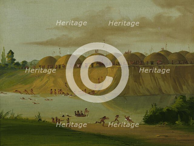 Hidatsa Village, Earth-covered Lodges, on the Knife River, 1810 Miles above St. Louis, 1832. Creator: George Catlin.