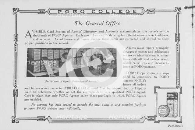 Poro College; The general office; Partial view of agents' directory and accounts, 1922. Creator: Unknown.