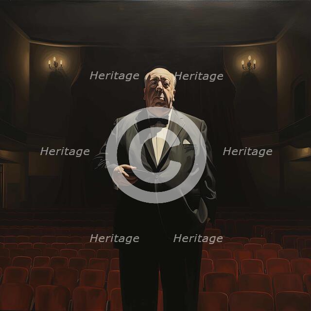 AI IMAGE - Portrait of Alfred Hitchcock in the cinema, 1970s, (2023). Creator: Heritage Images.