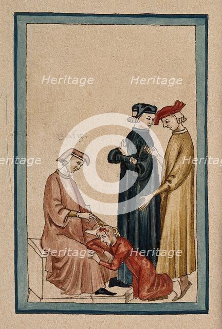 A sitting physician is trepanning another man's head while two others consult. Creator: Unknown.