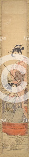 A Young Woman Standing in a Boat Pulling it along and a Young Man Seated in it at Her Feet. Creator: Uchimasa.