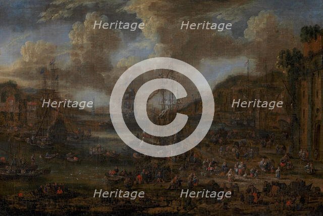 Sounthern Seaport with Numerous Figures on the Shore, 1607-1635. Creators: Pieter Casteels II, Jacques Callot.