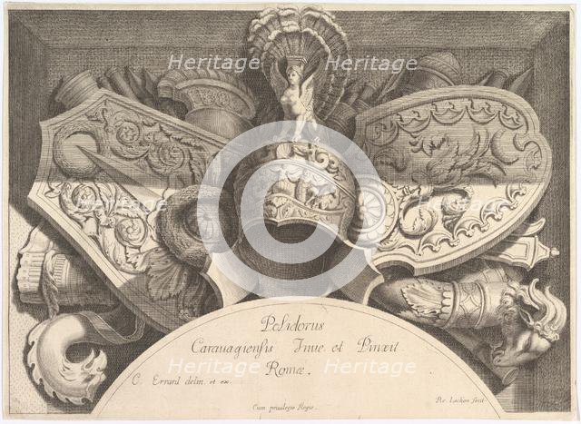 Divers Trophées (Weapon Trophies after the Façade of Palazzo Milesi in Rome), 1651. Creators: Polidoro da Caravaggio, Rene Lochon.