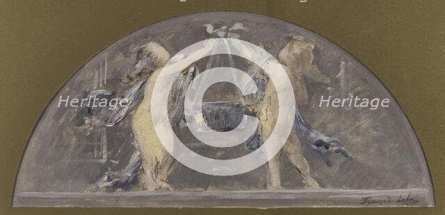 Sketch for the dining room of the Hotel de Ville, two children lifting a large box together, 1893. Creator: Francois Lafon.